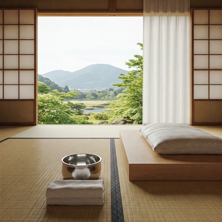 A serene Japanese-style room with a view of a tranquil landscape